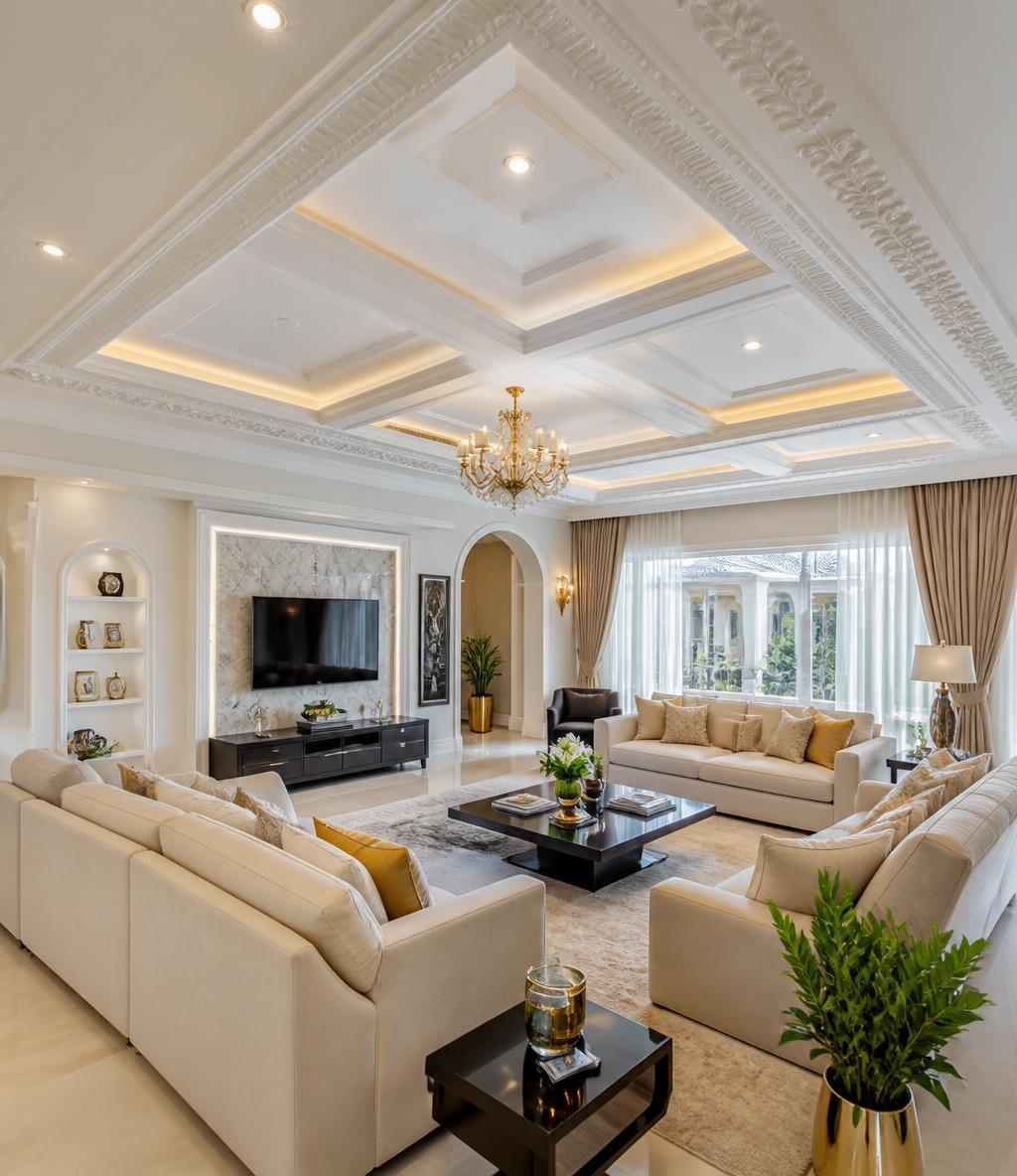 Elegant coffered plaster-of-Paris ceiling in a bright Nigerian living room